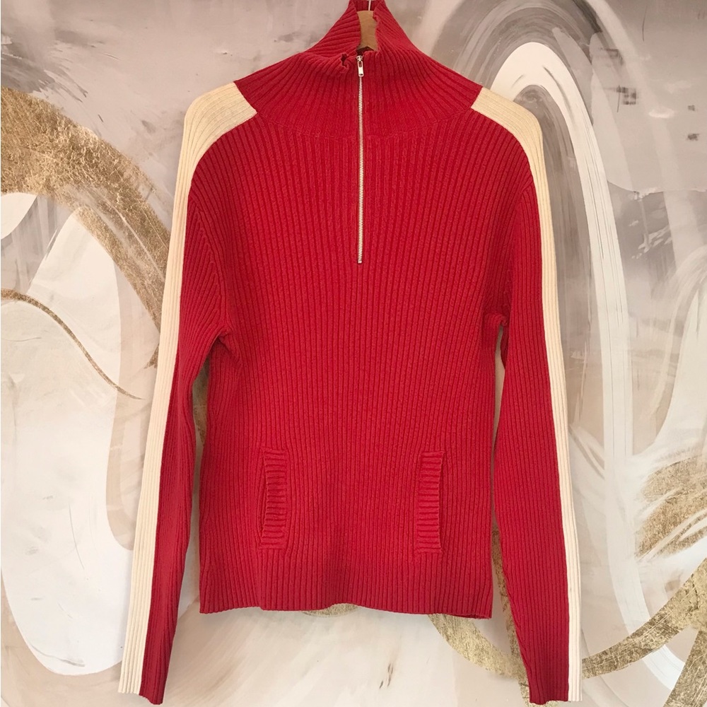 GAP | Y2K Long Sleeved Sporty Red Mock Turtle Neck Sweater w/ White Stripes